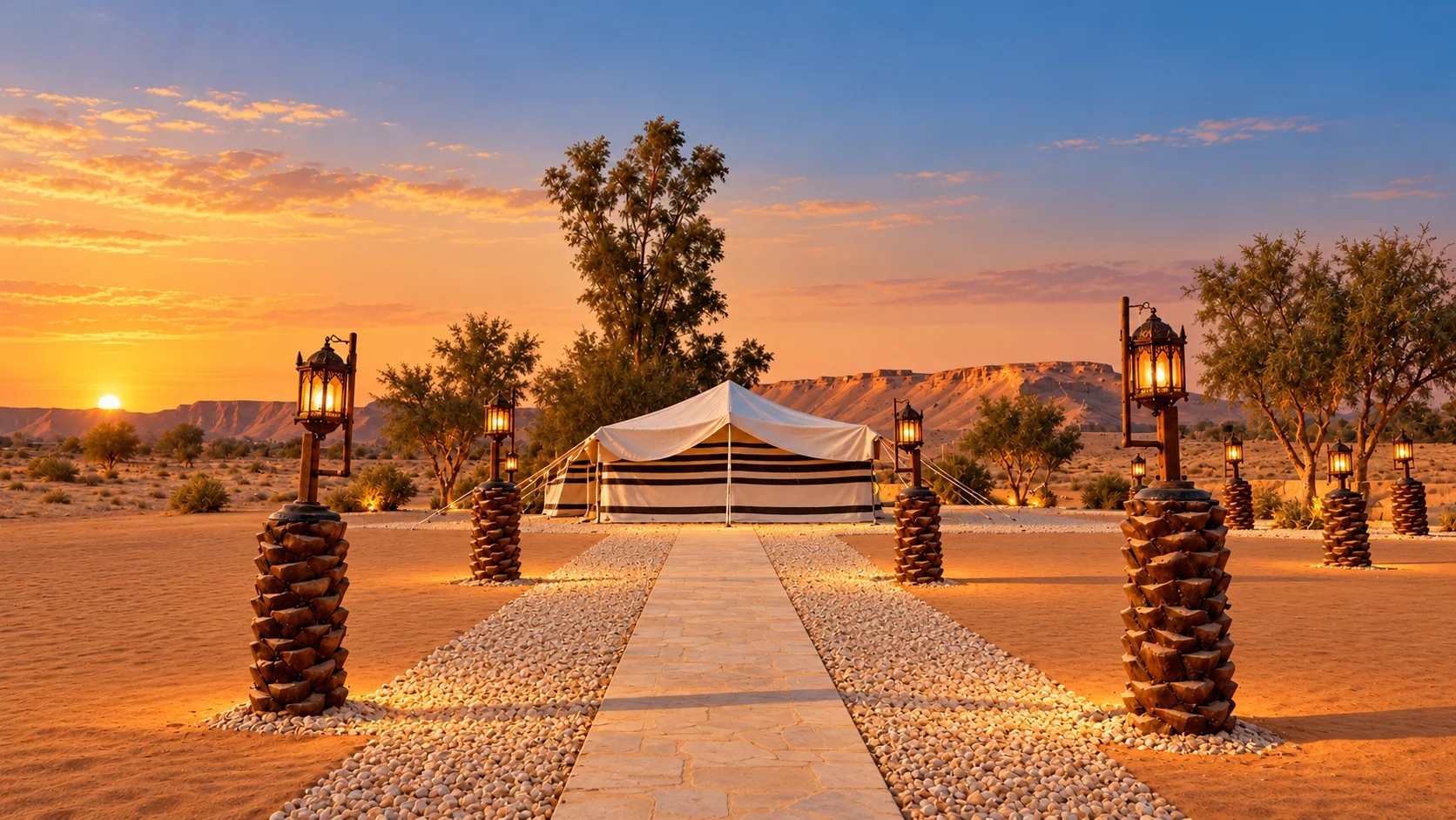 The Nibras camp tent at sunset, at the end of a stone path lined with lanterns