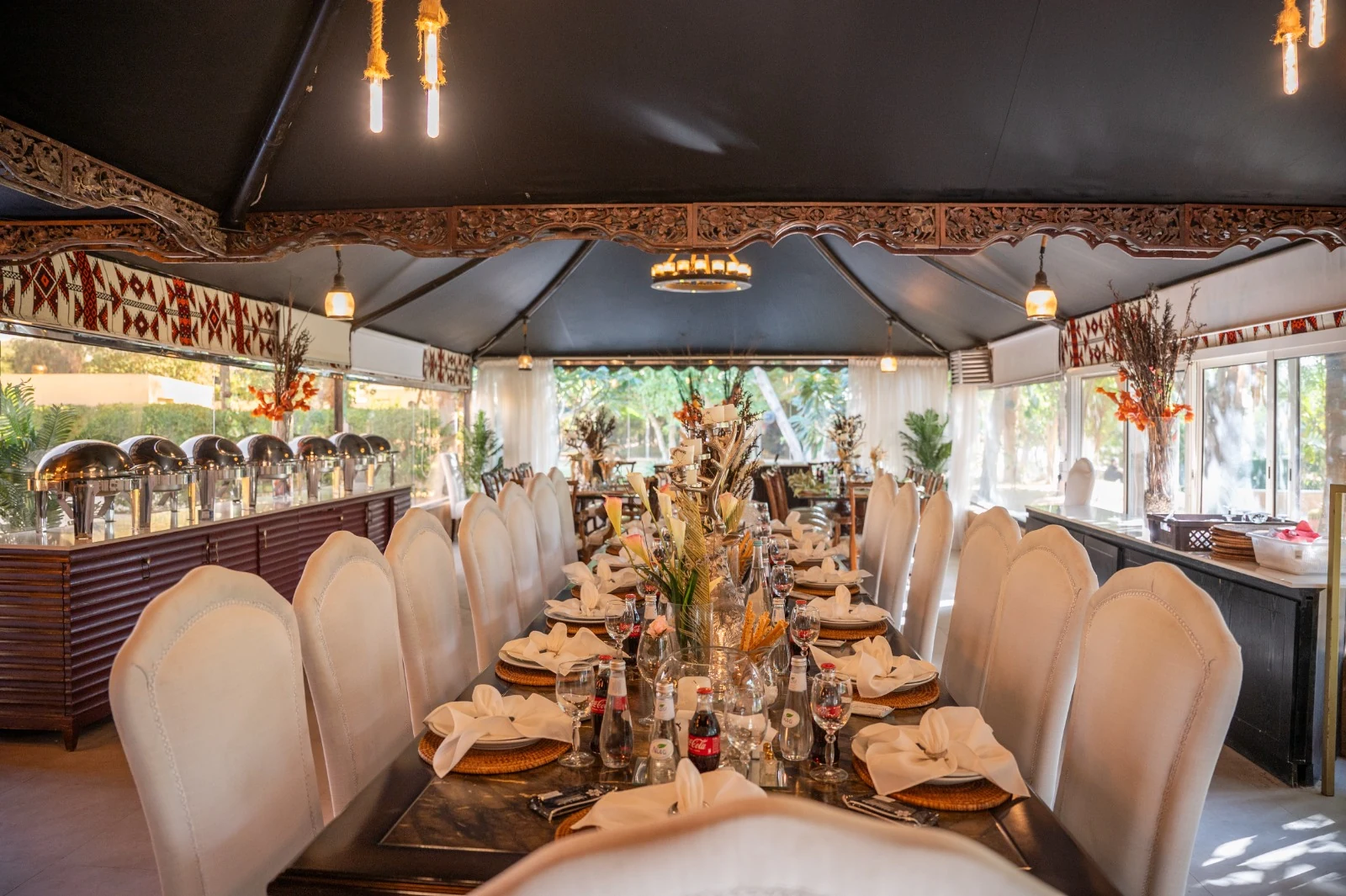 A fully prepared private dining pavilion at Nibras